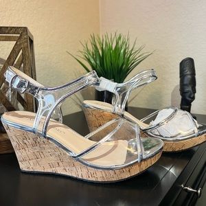 Ashley Stewart clear and silver wedges